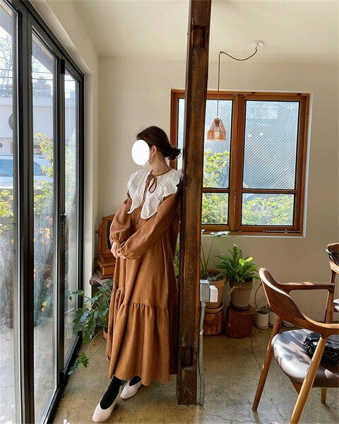 使うのが楽しみです コントラストカラー 縫付 長袖 受け取って腰 フリル ワンピース