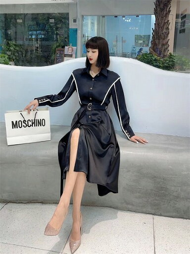 AW 気質 ロングスカート シャツワンピ 縫付 受け取って腰 単体ボタン AW 気質 ロングスカート シャツワンピ 縫付 受け取って腰 単体ボタン