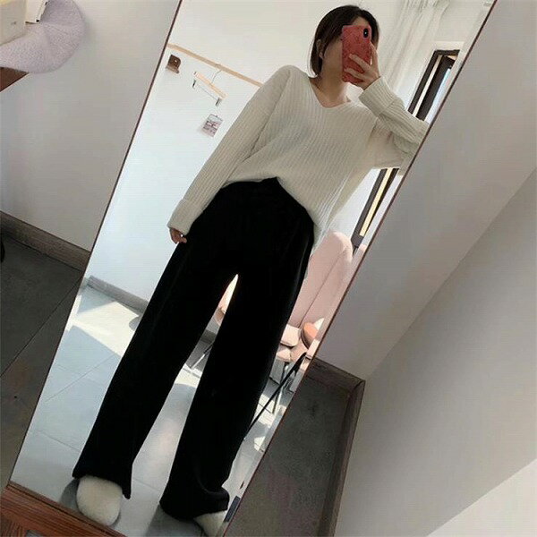 今季絶対ゲットしたい ハイウエスト ドレープ ストレート ニットパンツ ワイドパンツ