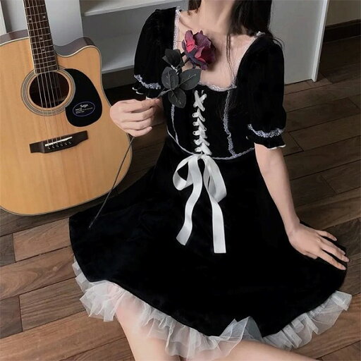 レース 縫付 パフスリーブ 半袖 ミニスカート 大きいサイズ バンディング レース 縫付 パフスリーブ 半袖 ミニスカート 大きいサイズ バンディング