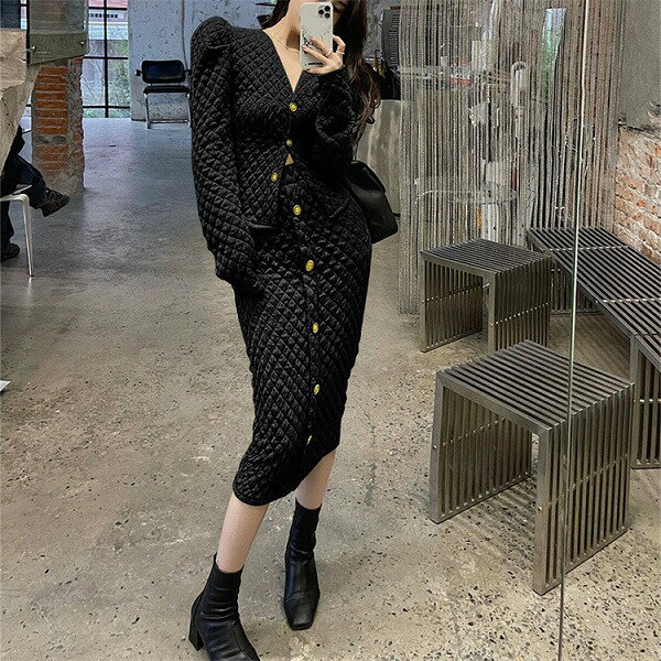 おしゃれの必需品 韓国ファッション トップス ハイウエスト パフスリーブ タイトスカート 2点セット