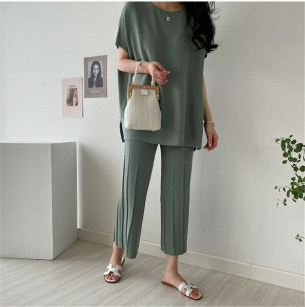 ワイドレッグパンツ スリムフィット 2点セット バットシャツ ゆったりする 韓国