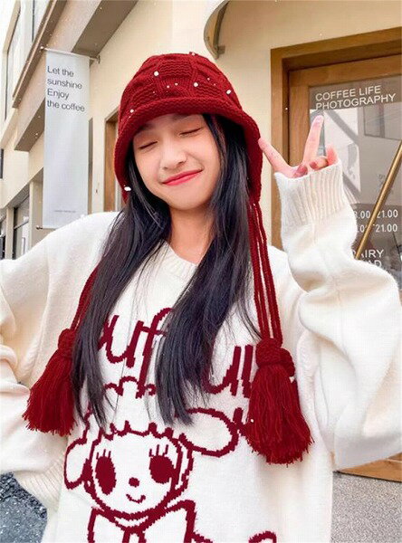 今は大活躍しそう INSスタイル ドーム 秋冬 ギャザリング 保温 フリンジ ニット帽 ハンドニット