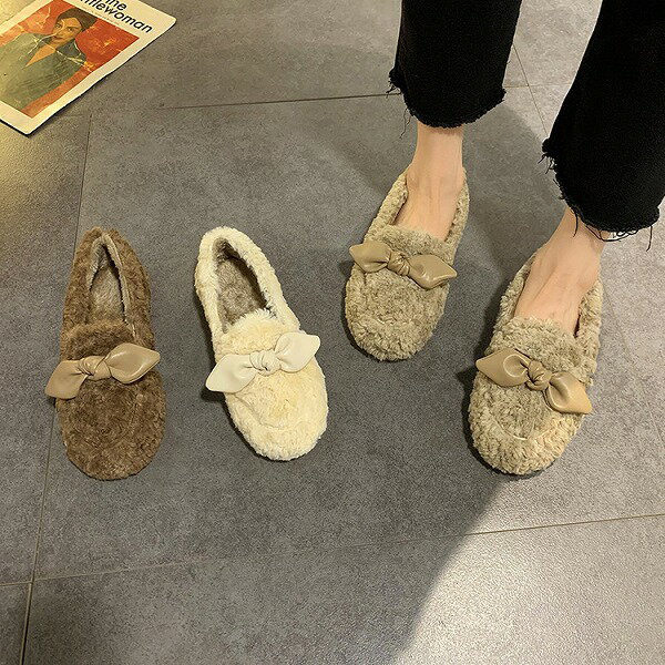 もこもこ 韓国ファッション ぬいぐるみ 蝶結び エンドウ豆の靴 綿のスリッパ レディース 裏起毛 厚底