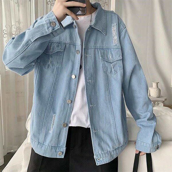 魅力は無限に増幅されています 韓国ファッション コート デニムジャケット 破れ ゆったりする 原宿BF風