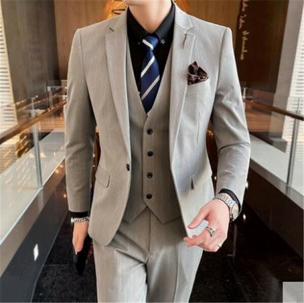 春に大流行の予感 デザインセンス 韓国語版 ストライプ 新郎 スーツ 2点セットウェディングビジネス