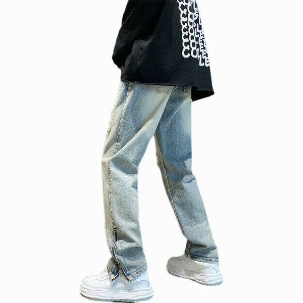 1枚でコーデ簡単 アメリカンスタイル 破れ ストレート ロングパンツ トレンド ジーンズ