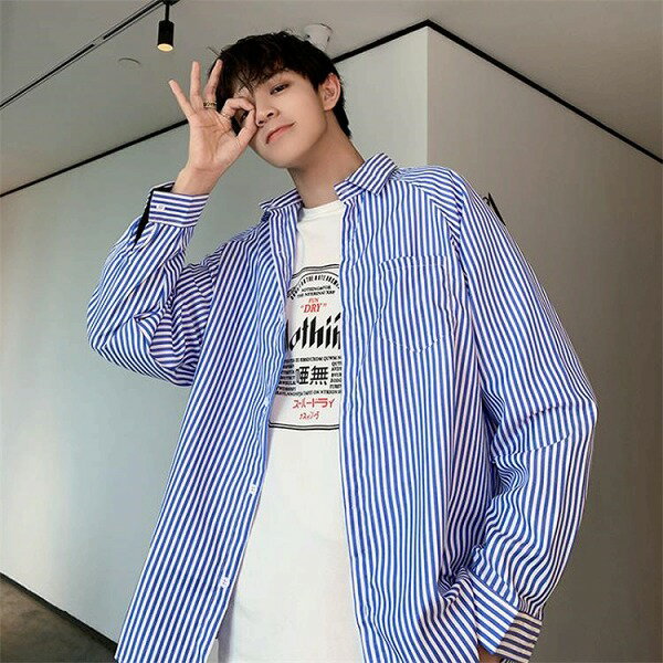 格好いい 韓国語版 長袖 カジュアルシャツ 春秋 和風 ストライプ シャツ ゆったりするトレンド