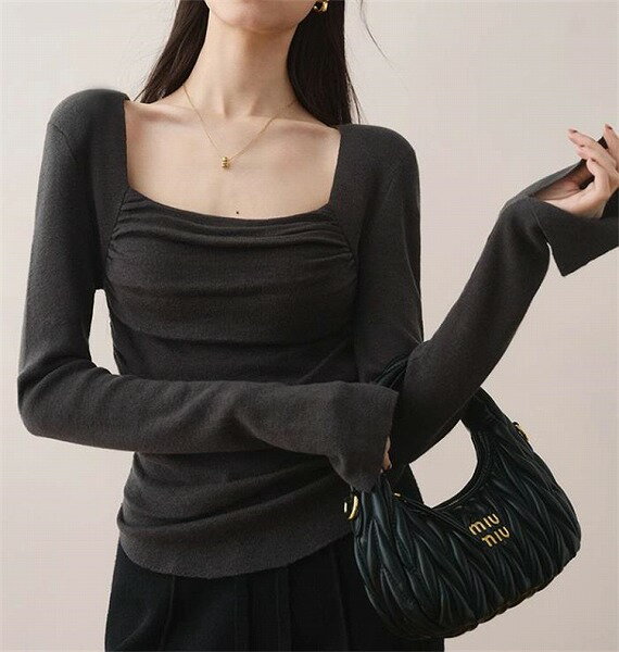 あなたの印象をプラスします 上着 トップス 快適である スリム 長袖 スクエアネック 春秋 ニット