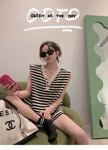 ボーダー セットアップ トップス 上着 夏 袖なし 肩当て ベスト ワイドパンツ