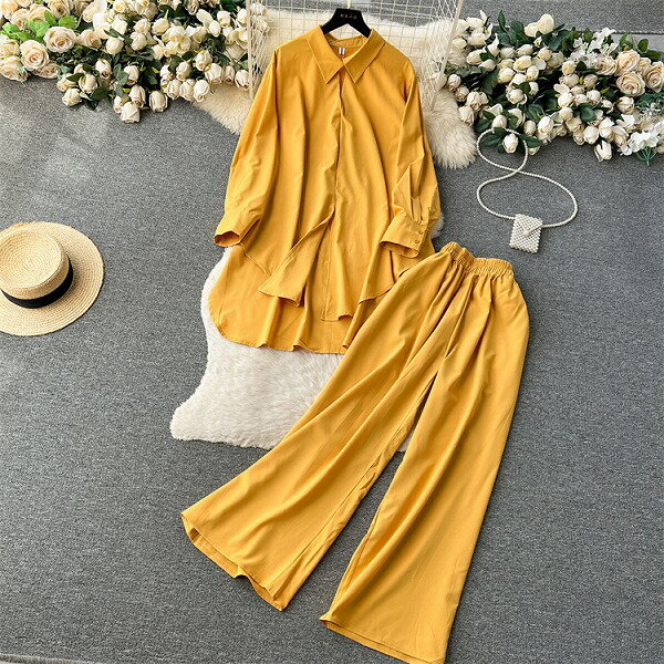 長袖 シャツ ワイドパンツ セットアップ ロングパンツ ブラウス スラックス