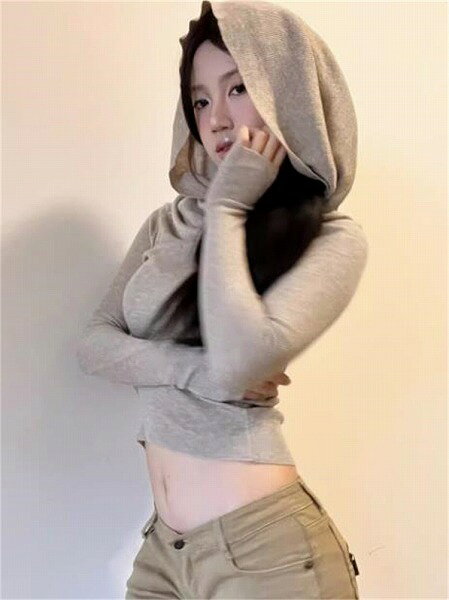 モデルはあなたです スリム 長袖 トップス 上着 快適である 気質 襟を積む フード付き ニットトップス