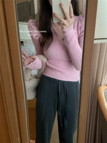 レディース ニットトップス 新作 気質 セーター sweet系 スリム パフスリーブ