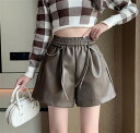 皮半ズボン ワイドパンツ 伸縮性のあるウエスト 半ズボン ハイウエスト ショートパンツ