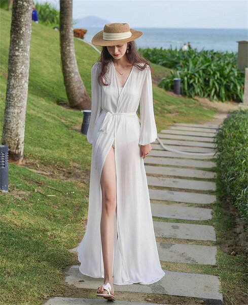 大人のキレイを求めて ビーチスカート シフォン 飄逸 長袖 ワンピース 海辺リゾート 水着ブラウス 夏