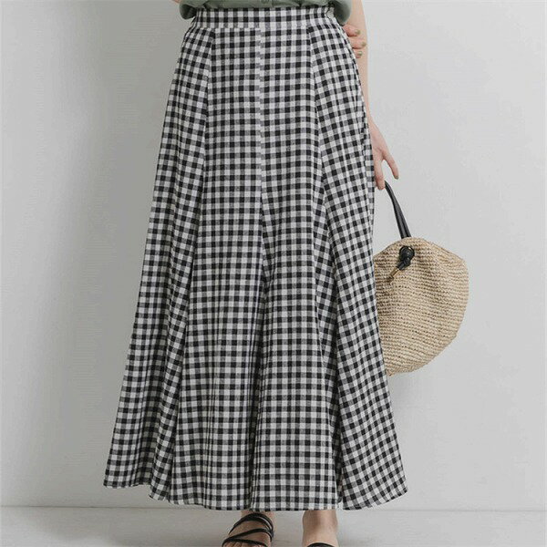 綿麻 ウエスト総ゴム ロングスカート 怠惰な風 Aライン 格子縞 柔らかい