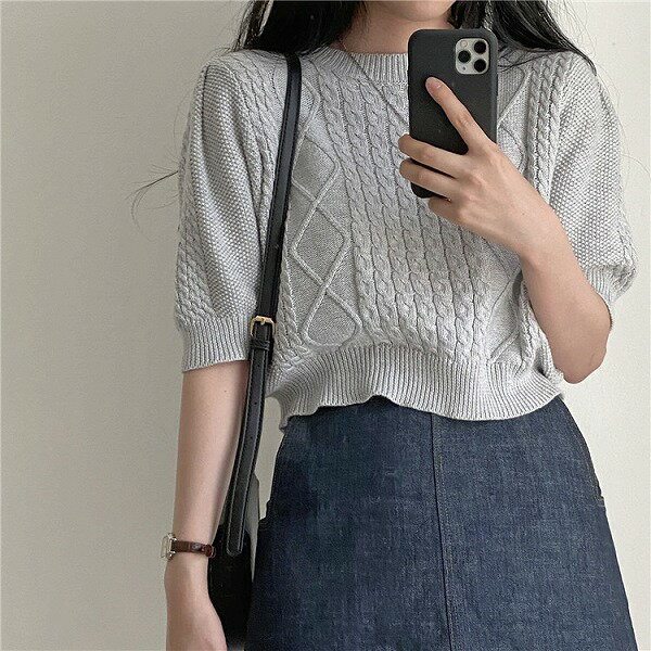 小さい新鮮な 春 新しい 麻の花 キンク パターン ショート ニットトップス パフスリーブトップス