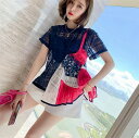 女の子ファッション 3点セット縫付 パースペクティブヤーン トップ サスペンダー付き+Aライン ショーツ