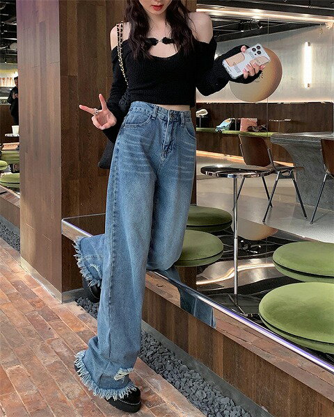 ヨーロッパとアメリカ ワイドレッグ ハイウエストスリム デニム ロングパンツ ゆったりする