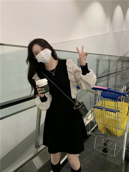 韓国ファッション 秋冬 小さな香りの風 気質 麻の花 ニット ワンピース sweet系 減齢 ファッション