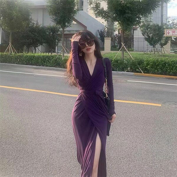 INSスタイル 秋 セクシー エレガント Vネック 腰を括る スプリット ニットワンピース オシャレ