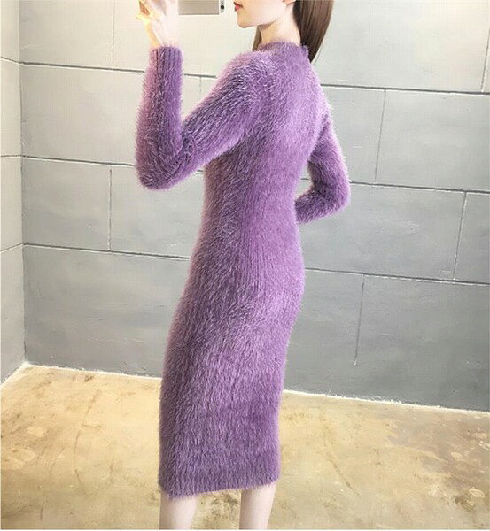 通勤する 秋冬 気質 減齢 模造ミンク 厚手 スリムフィット ニットワンピース ベースセーター