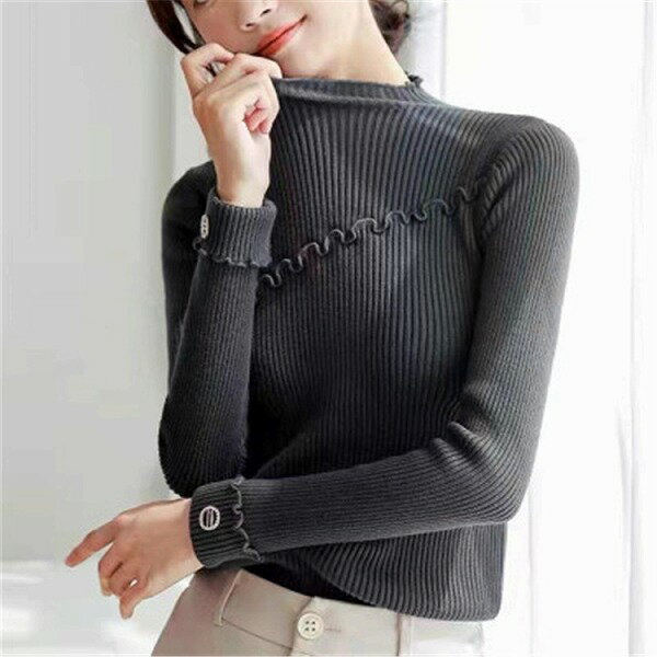 秋冬 ピュアカラー 簡約 ハーフハイネック ニットトップス タイト スリム ボトムシャツ