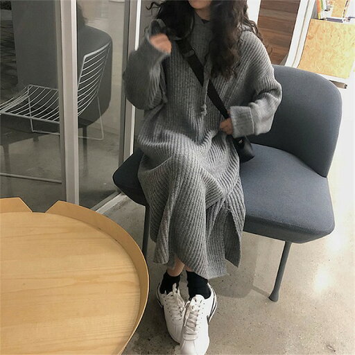 冬 ニット 暖かさ フード付き ワンピース シンプル ゆったりする カジュアル 冬 ニット 暖かさ フード付き ワンピース シンプル ゆったりする カジュアル