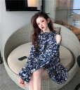 INSスタイル 秋 sweet系 怠惰なスカート オフショルダー 花柄ワンピ デザインセンス レトロ