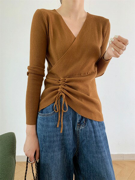 通勤する 秋 スリムフィット 無地 Vネック 長袖 デザインセンス 受け取って腰 ニットトップス