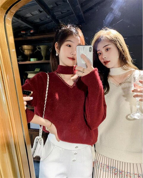 楽天ドレミファソラ・ねこINSスタイル vネック インナー セーター 秋 冬 閨蜜の装い sweet系 長袖 ニットトップス