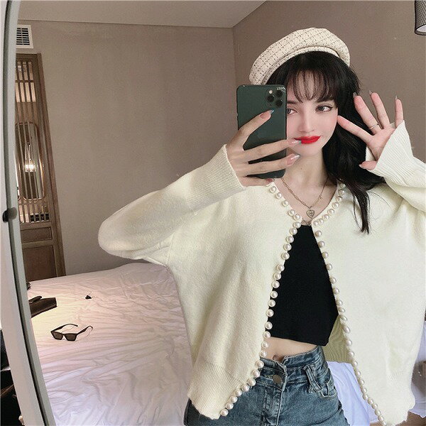 通勤する 秋 冬 新品 小さな香りの風 気質 パール セーター カーディガン スリム 大人気