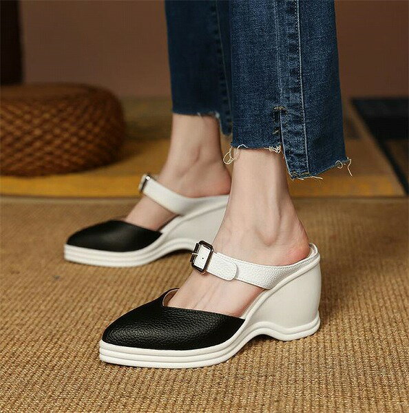 坂とサンダル パッチワーク 洋風 ライチの皮 ヒール バンチ巻きスリッパ サンダル