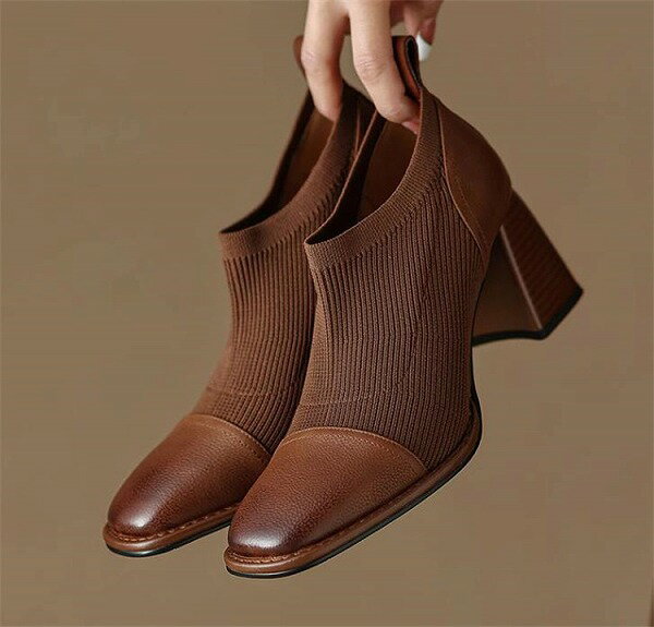 ブームが巻き起こる ニットブーツ ショートブーツ レトロ 真皮 スクエアトゥ 柔らかい ハイヒール