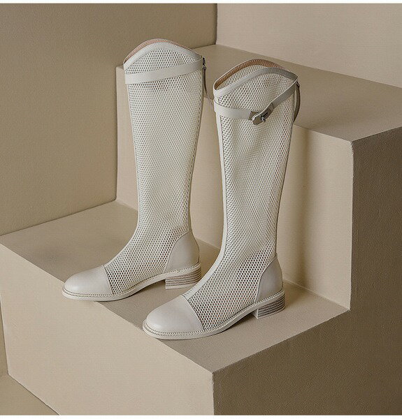 最新トレンド勢揃い 薄手 ローヒール ラフヒール ハイブーツ 気質 ステンシル ロングブーツ 網紗