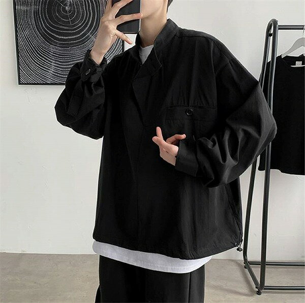 男の子ファッション 韓国語版 トレンド ゆったりする ユース 無地 シャツ ジャパニーズ 長袖 シャツ メ..