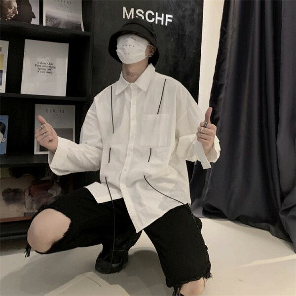 男女 トレンド 韓国語版 レトロ ドローストリング 性格 シャツ 長袖