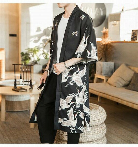 オールシーズン使える プリント デザインセンス 中国風 中長コート カーディガン マント メンズコート