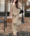 カラー追加! セットアップ ロングパンツ ワイドパンツ セーター 快適である ニットトップス Vネック