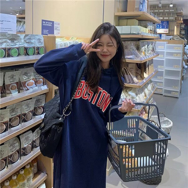 春秋レディース服 カジュアル系 英字プリント ロングトレーナー スカート 韓国風 ゆったり ワンピース