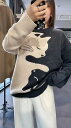 秋冬レディース服 カジュアル系 ゆったり ネコ柄 バイカラー ニットセーター 防寒 温かい トップス