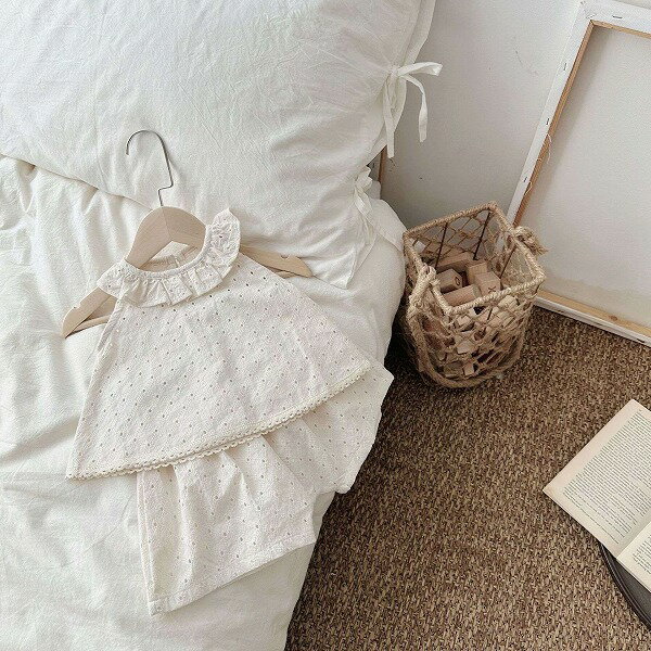 春秋子供服 ins人気 中空刺繍 フリル襟 トップス&パンツ 2点セット 韓国風子供服 ベビー服
