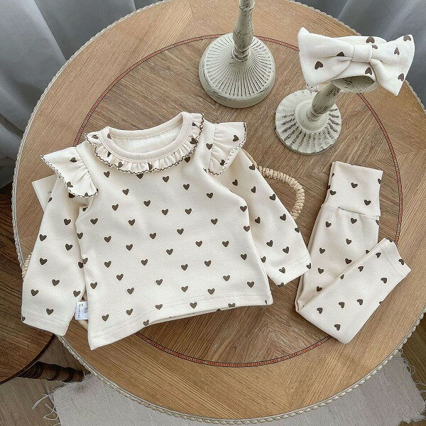 春秋子供服 ins人気 心柄 トップス&パンツ&髪飾り 3点セット 蝶結び 韓国風子供服 ベビー服 部屋着