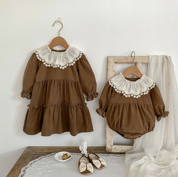 春秋子供服 可愛い フリル襟 ロンパース&ワンピース セットアップ 韓国風子供服 姉妹仕様 連体服