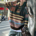秋冬レディース服 カジュアル系 ゆったり ストライプ柄 ニットセーター 防寒 温かい トップス