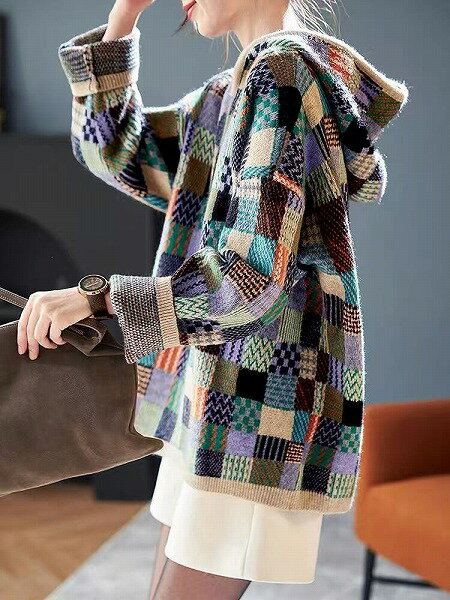 秋冬レディース服 カジュアル系 ゆったり フード付け ニットセーター 防寒 温かい トップス コート