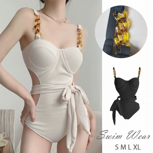 水着 レディース ワンピース水着 リボン チェーン セクシー 大人 チラ見せ 海 プール 黒 白