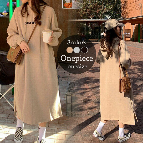 新作 レディース ワンピース ロング フードつき 長袖 きれいめ 黒 ブラック オーバーサイズ ロゴ(4)