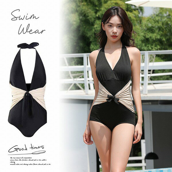 新作 レディース ワンピース 水着 黒 セクシー 大人 背中見せ オープンバック リボン 体系カバー