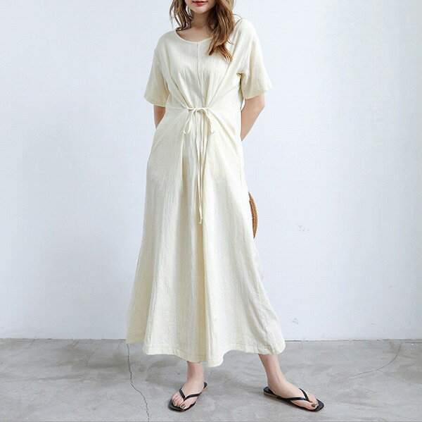 新作 春夏 レディース コットン混 ワンピース Vネック リボン2way ロング ナチュラル